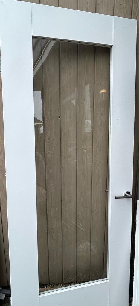 Stompe witte houten binnendeur met glazen raam, Ophalen, Gebruikt, 80 tot 100 cm, 215 cm of meer