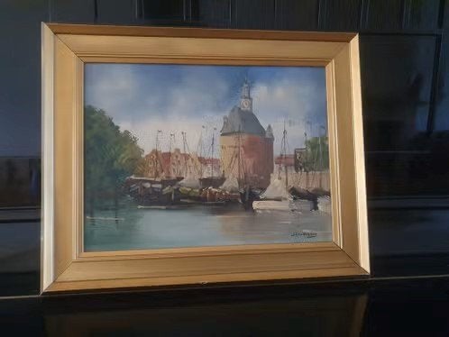 olieverf Jan Kelderman (1914-1990) Hoofdtoren Haven Hoorn, Ophalen