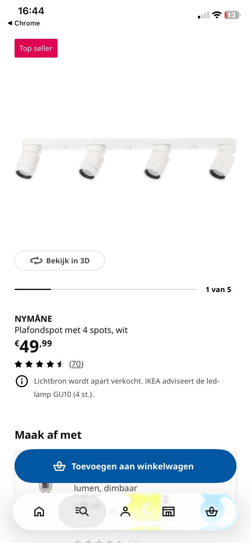 IKEA NYMÅNE Plafondspot met 4 spots, wit, Ophalen, GU10, Zo goed als nieuw, LED
