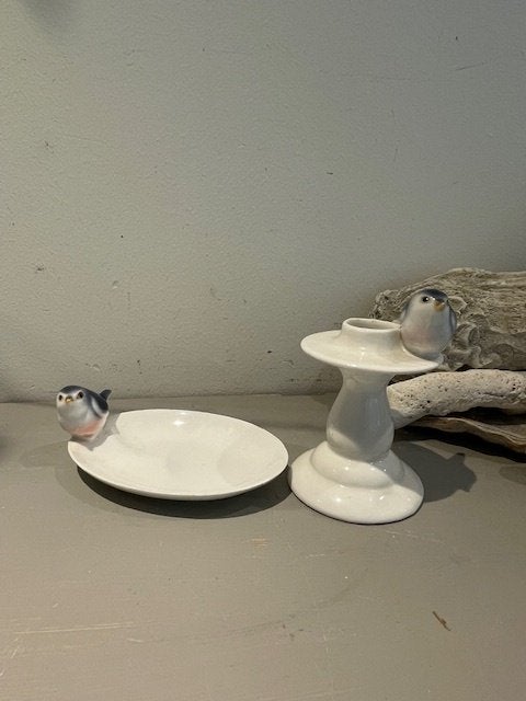 Kandelaar en schoteltje / zeepbakje porselein. Vogel., Ophalen, Overige materialen, Zo goed als nieuw, Grijs