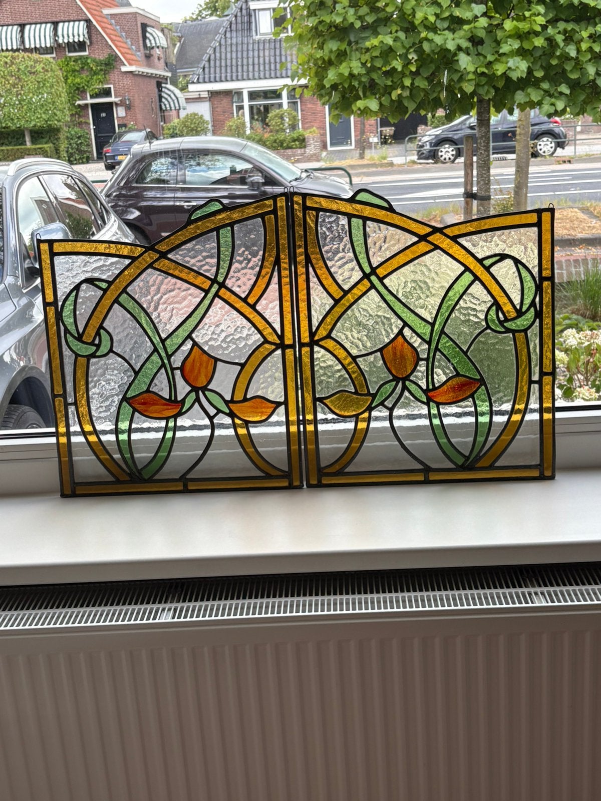 Prachtige glas in loodramen in jugenstil, Ophalen, Gevelraam of Ruit, Minder dan 80 cm, Glas in lood