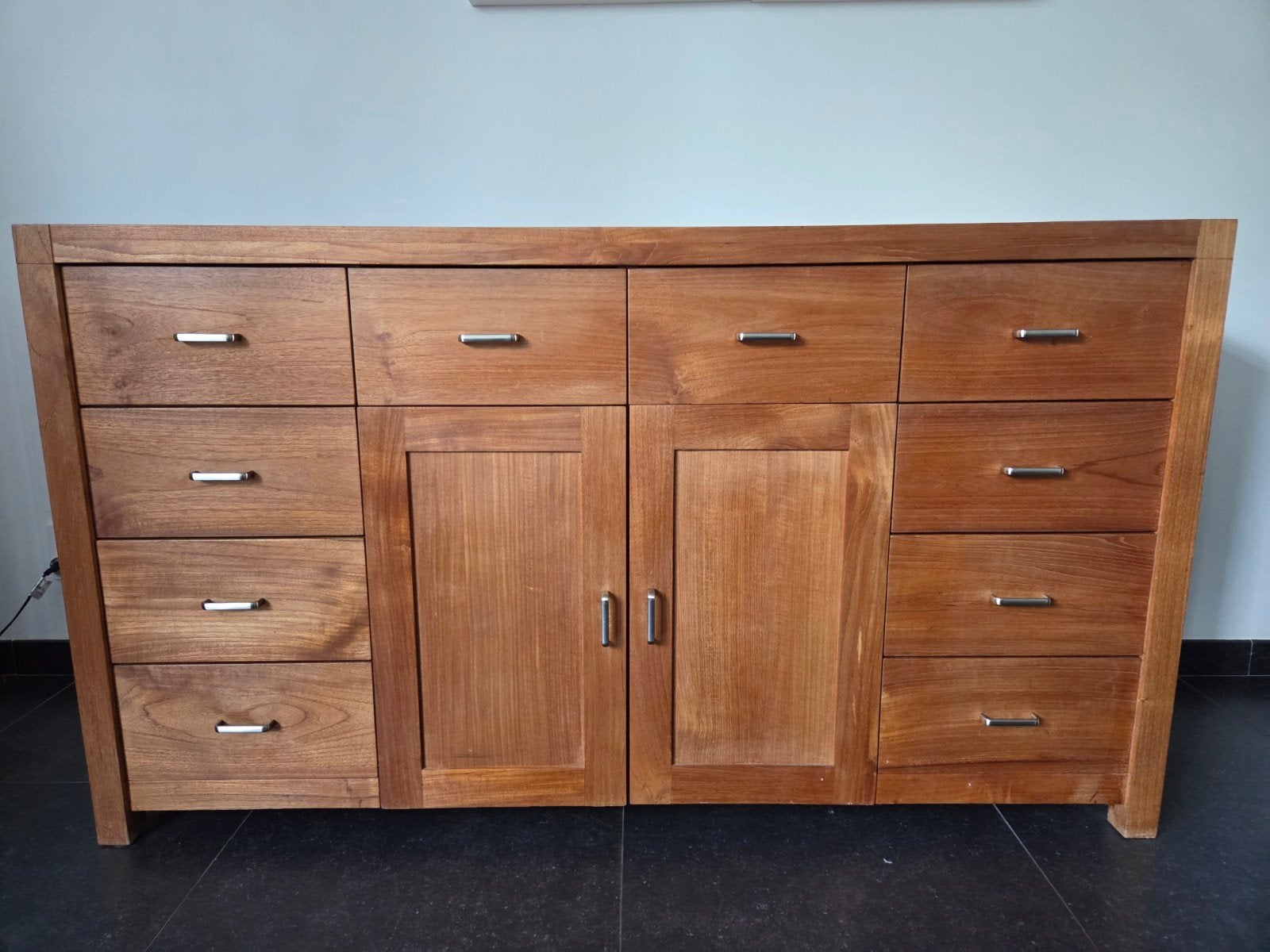 Massief Teakhouten Dressoir met Lades en Deuren, Ophalen, Gebruikt, Met lade(s), 150 tot 200 cm