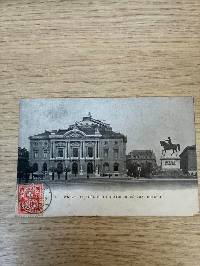 Oude Ansichtkaart Genève: Theater & Generaal Dufour (1909), Ophalen of Verzenden, Voor 1920, Gelopen, Overig Europa