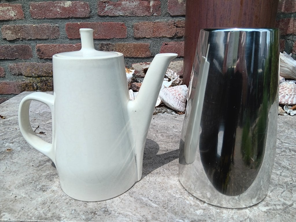Vintage MELITTA koffiepot met chroom isolatie kap 1950-60, Ophalen of Verzenden, Steen/keramiek, Wit, Overige merken