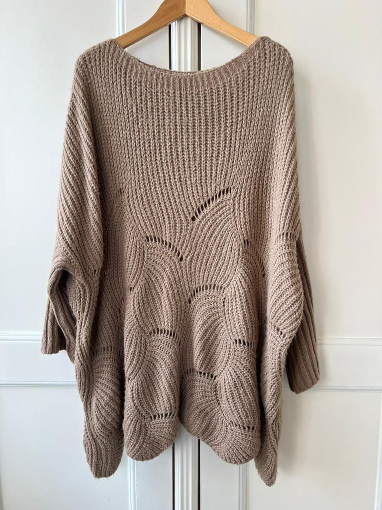 Ruim vallende taupe trui met patroon, One Size, Kleding | Dames, P, Bruin, P, Ophalen of Verzenden