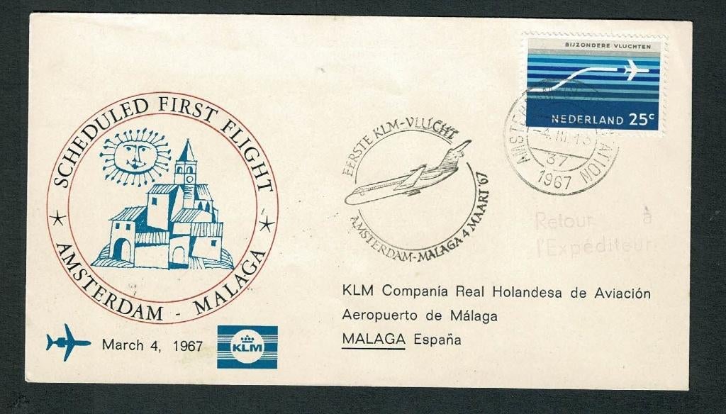 KLM  first flight Amsterdam-Malaga 4.3.1967, Verzenden, Gebruikt, Kaart, Foto of Prent