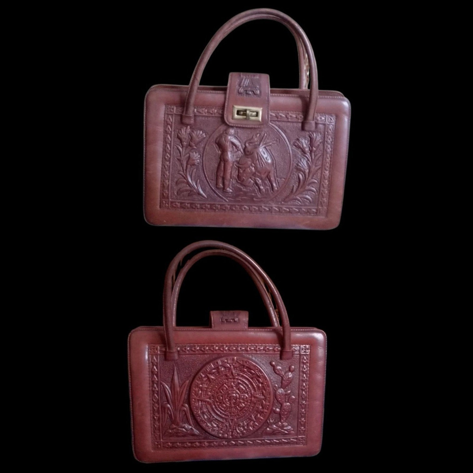 Vintage 1970s Mexicaanse lederen handtas met reliëf, Ophalen of Verzenden, Bruin, Handtas