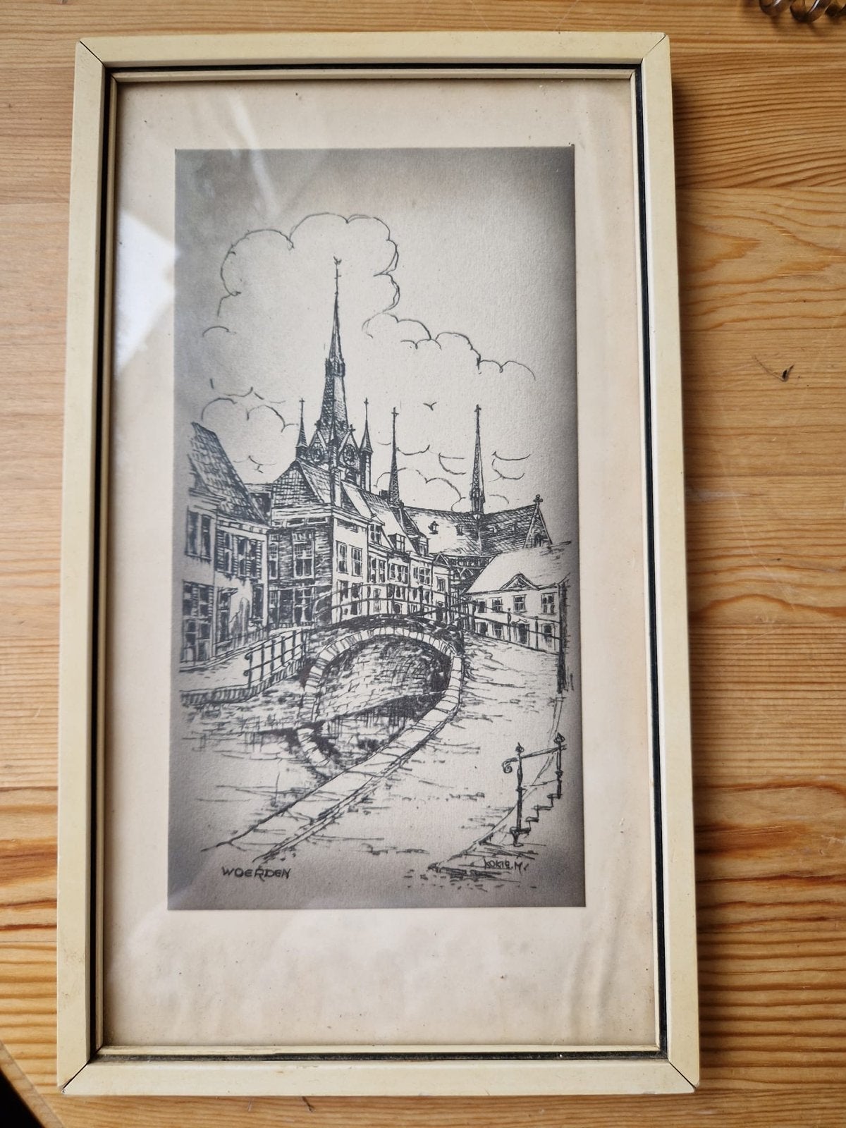 Oude ets van Woerden, stadsgezicht met brug en kerk, Ets, Stadsgezicht, Ophalen of Verzenden, Gesigneerd