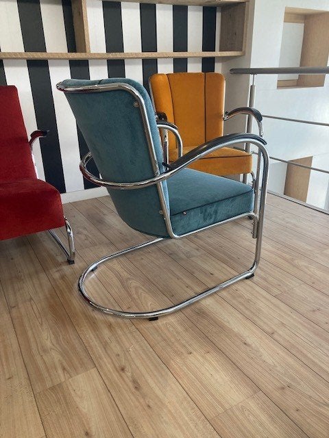 Gispen 412 fauteuil , chroom, nieuwe grijsblauwe ribstof, Design, 75 tot 100 cm, Zo goed als nieuw, Stof