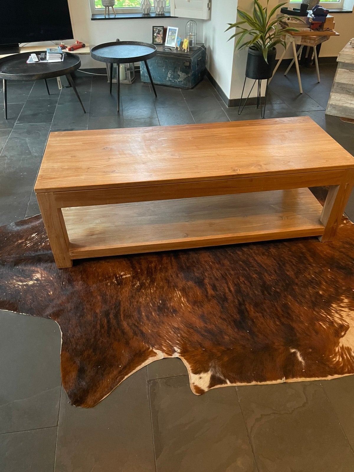 Teak houten salon tafel / tv meubel, Ophalen, 100 tot 150 cm, 50 tot 100 cm, Zo goed als nieuw