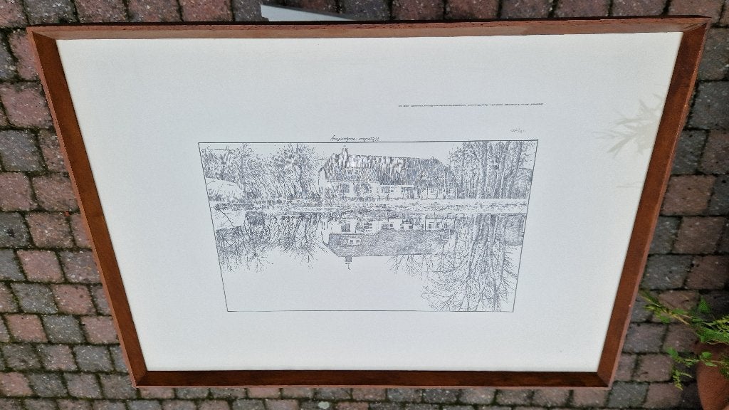 oude tekening ets woonhuis viskwekerij, Ophalen of Verzenden