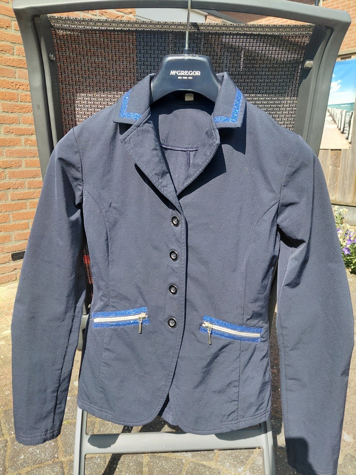 Donkerblauw wedstrijdjasje maat 152, Dieren en Toebehoren, Paardrijkleding, Blauw, Sierdetails, Kinderen, Ophalen of Verzenden