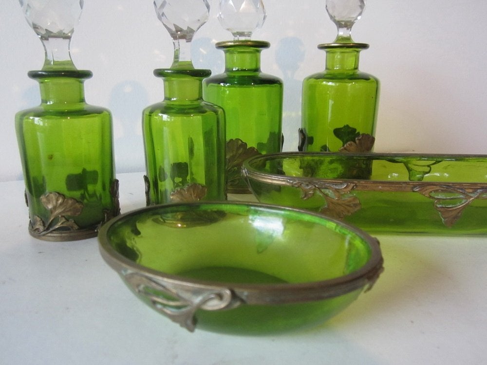 Antieke art nouveau vanity set in bronzen houders, ca 1900, Verzenden