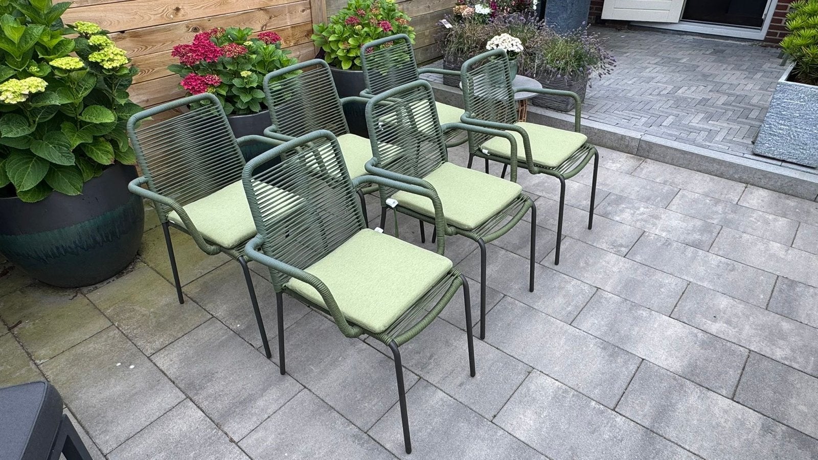 6x Groene Tuinstoelen met Kussens - Zo goed als nieuw, Tuin en Terras, Tuinstoelen, Ophalen, Gebruikt, Kunststof