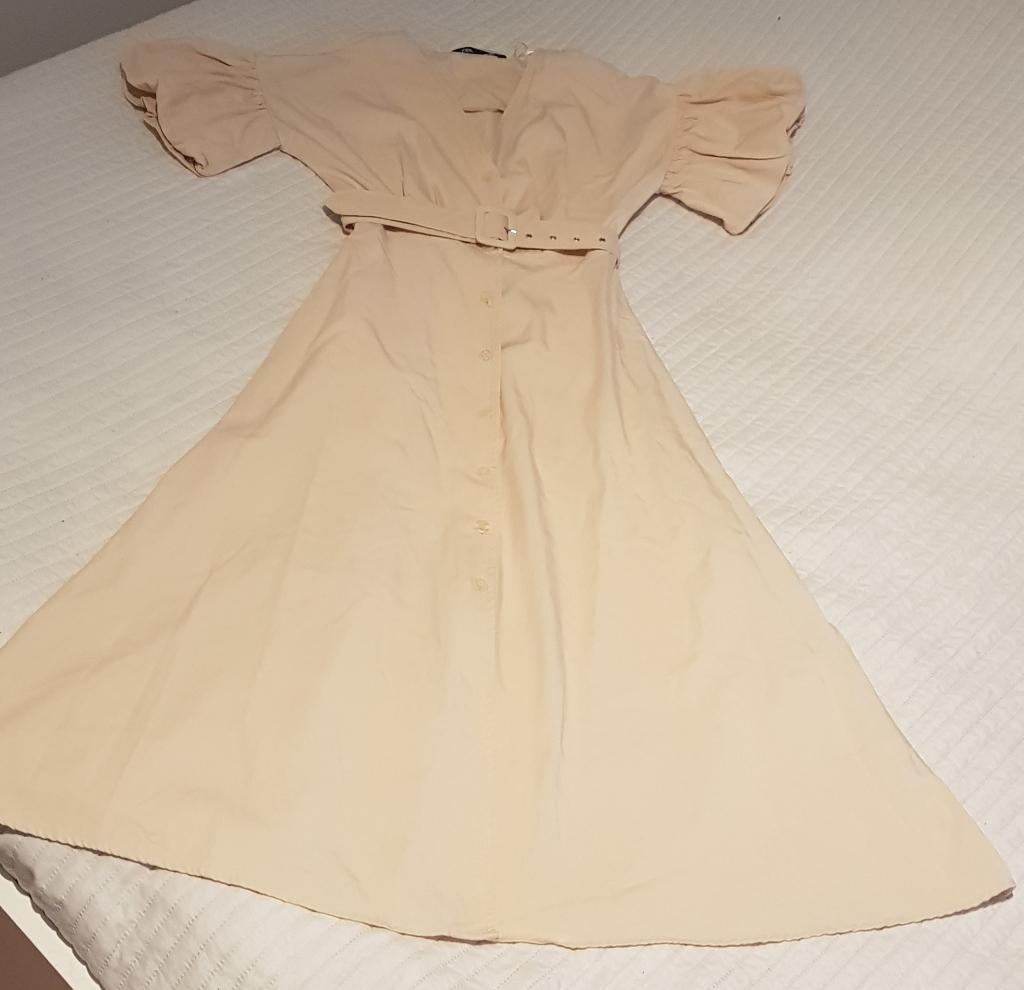 Zara jurk maat s 36 beige rok dames kerst jurken plofmouwen, Verzenden, Zo goed als nieuw, Maat 36 (S), Onder de knie