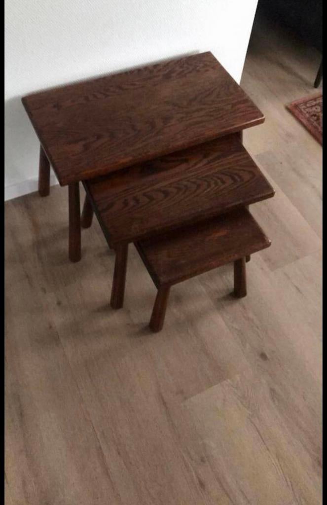Brutalist zgan Retro Dnker Eiken 3 Bijzettafels Orig. Jar.70, Ophalen, Minder dan 45 cm, Minder dan 55 cm, Zo goed als nieuw