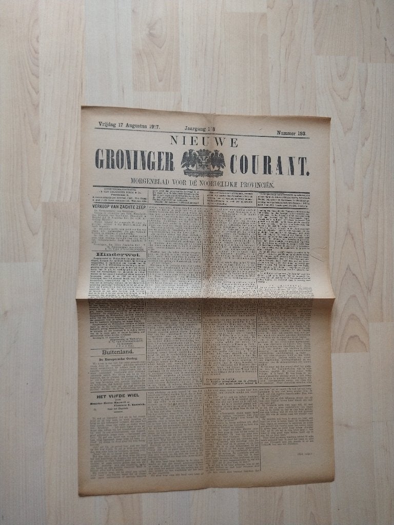 Nieuwe Groninger Courant. Vrijdag 17 augustus 1917, Ophalen of Verzenden, Zo goed als nieuw, Muziek, Film of Tv