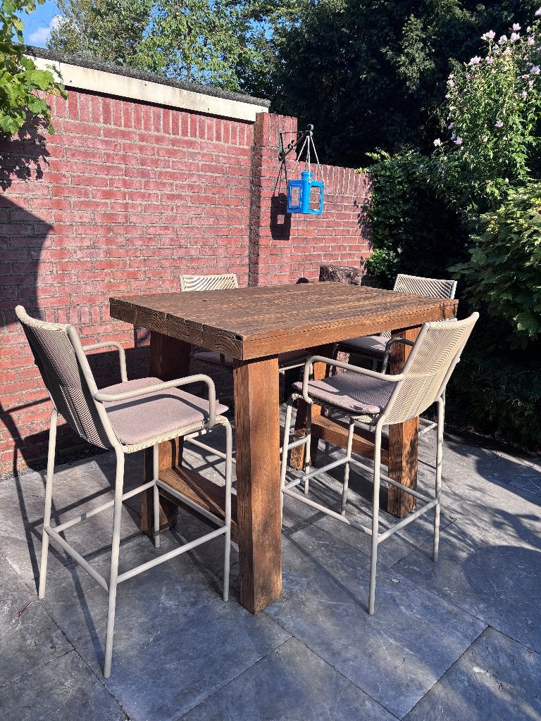 Max en Luuk by Borek teak/alu high dining set, Ophalen, Gebruikt, 6 zitplaatsen, Teakhout