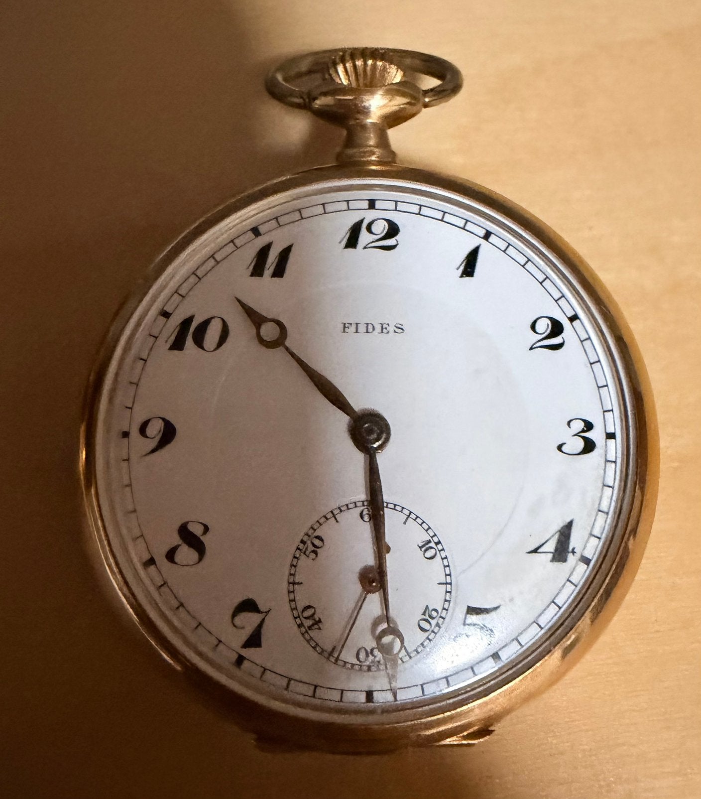 Antique 14K Swiss Fides open-face mechanical pocket watch, Ophalen of Verzenden, Goud, Overige merken, 1960 of later