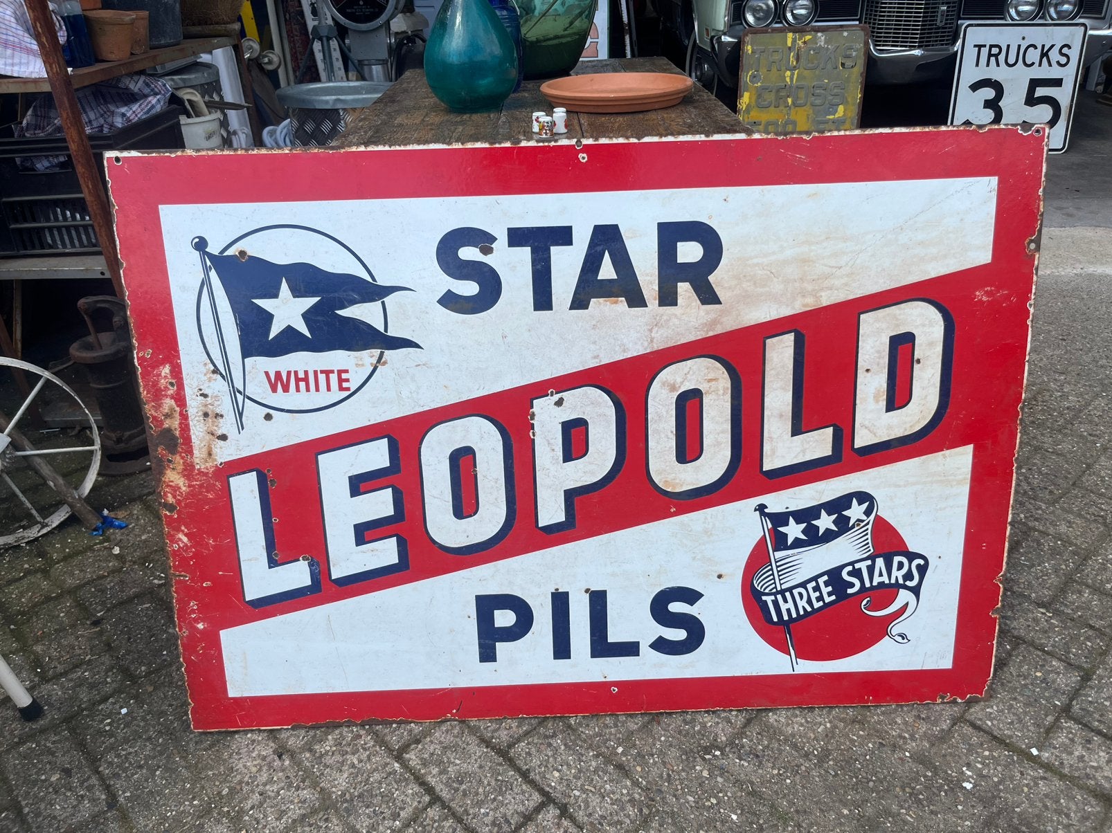 Leopold Star Pils dubbelzijdig emaille reclamebord, Verzamelen, Ophalen, Reclamebord, Gebruikt, X
