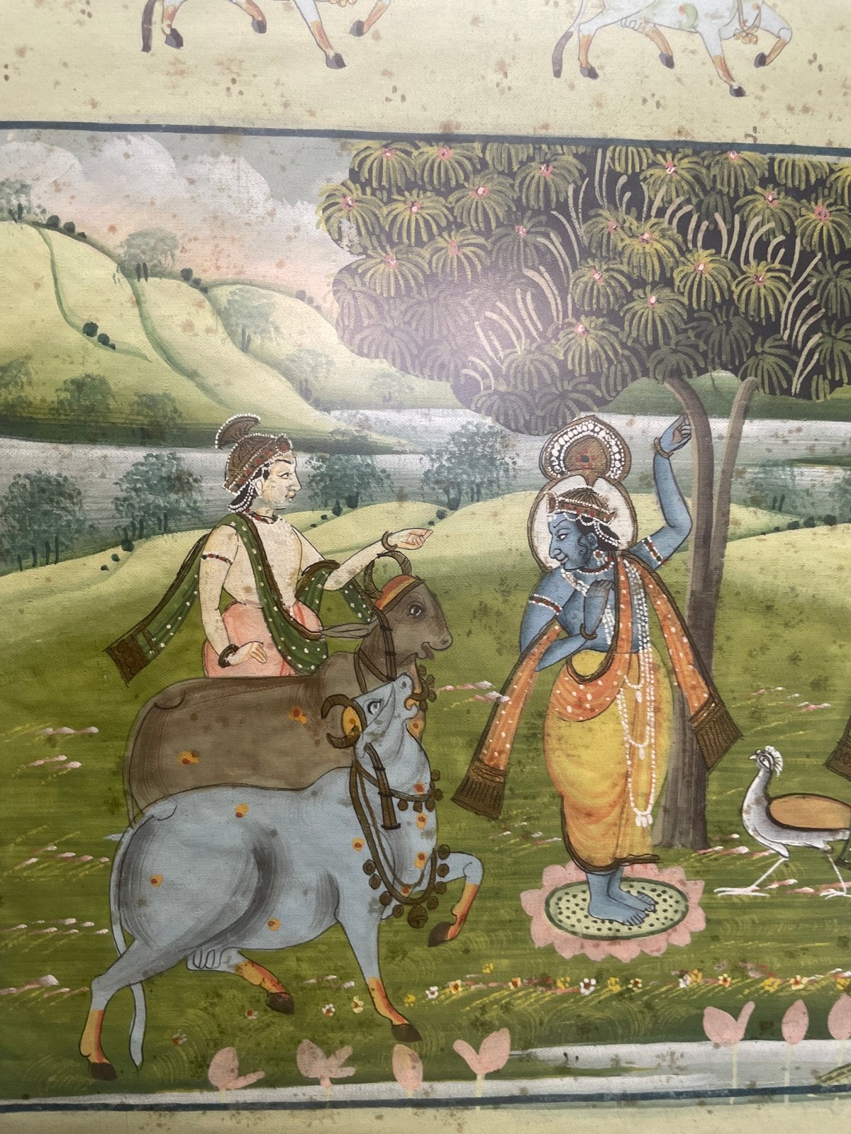 Ingelijst Indiaas schilderij - Krishna en koeien 33x37cm, India, Ophalen of Verzenden, Meerkleurig, Geschilderd