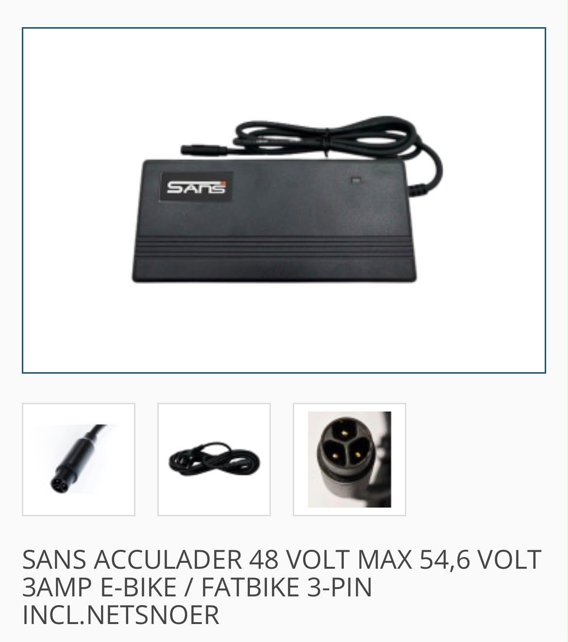 SANS Acculader 54,6V 3A E-Bike/Fatbike (incl. netsnoer), Nieuw