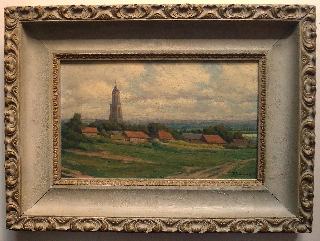 Ingelijst schilderij zicht op de toren in Rhenen uit 1979, Antiek en Kunst, Nederlandse school, Doek, Gedateerd, Ophalen of Verzenden