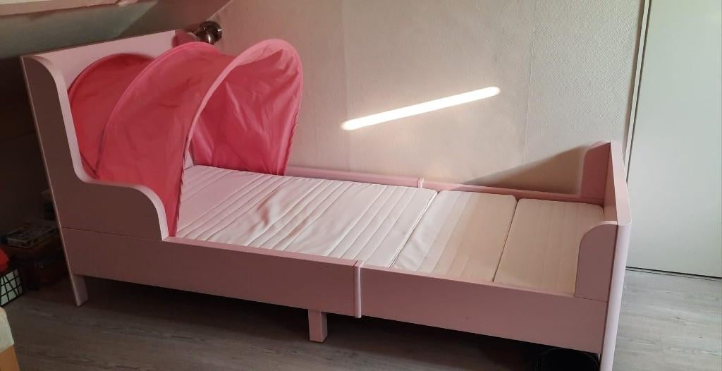 Meegroei-bed - Ikea Busunge roze + Sufflet bedtent, 85 tot 100 cm, Zo goed als nieuw, 180 cm of meer, Ophalen