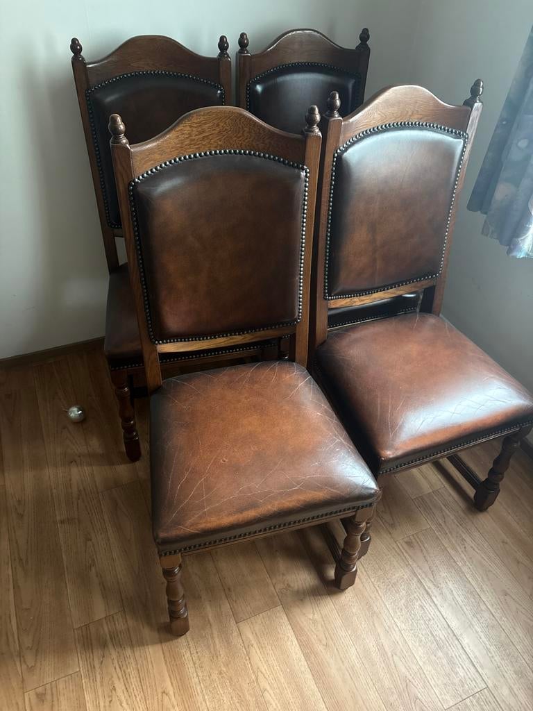 Set van 4 klassieke eetkamerstoelen met lederen bekleding, Ophalen of Verzenden
