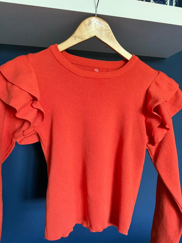 Oranje trui met ruches, maat S, Oranje, Ophalen of Verzenden, Zo goed als nieuw, Lange mouw