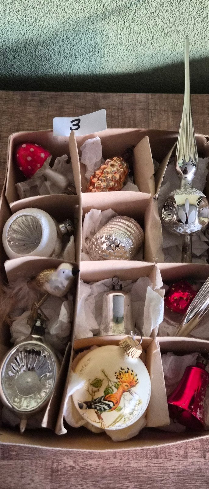 11 vintage antieke kerstballen figuren en mooie vintage piek, Diversen, Kerst, Ophalen of Verzenden