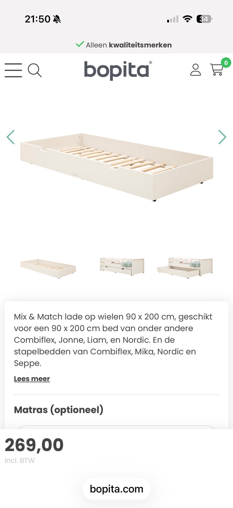 Bopita Mix and Match bedlade op wielen 90x200 cm Wit, Ophalen, Overige materialen, 90 cm, Zo goed als nieuw