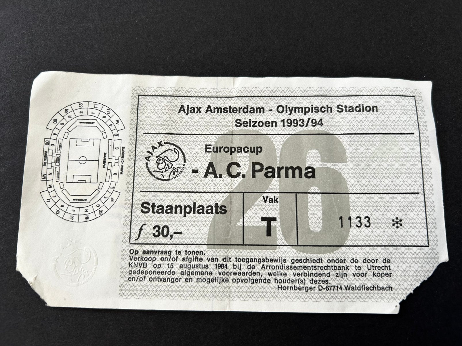 kaartje ECII 1993 AJAX-AC PARMA 1/4 Finale, Ophalen of Verzenden, Gebruikt, Ajax