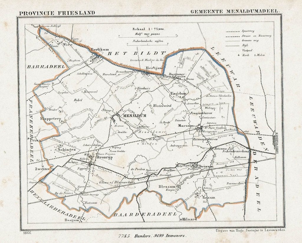 ** MENALDUMADEEL ** – Litho J. Kuyper 1866, Ophalen of Verzenden, Kaarten en plattegronden, Lithografie