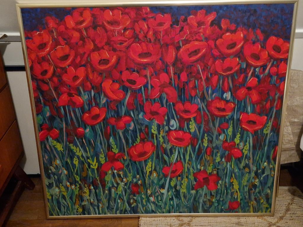 Olieverf schilderij op linnen " veld met klaprozen", Ophalen, Zo goed als nieuw, Schilderij, 75 tot 100 cm