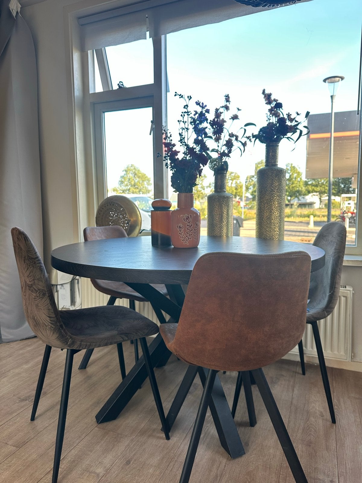 Ronde eettafel met stoelen, Huis en Inrichting, Tafels | Eettafels, Ophalen, Gebruikt, 100 tot 150 cm, Rond