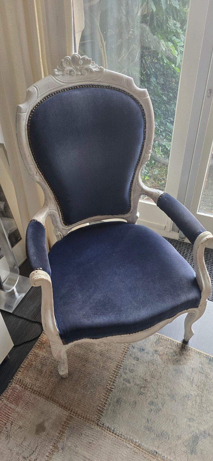 Antieke fauteuil - Barok stijl - Blauw fluweel, Antiek en Kunst, Ophalen