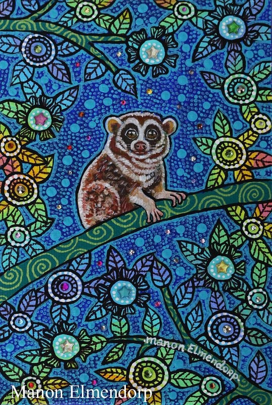 Handgeschilderd Schilderijtje Nachtdiertje Nieuw 15 x 10 cm, Ophalen of Verzenden, Gelakt/vernis, Acrylverf, Dieren