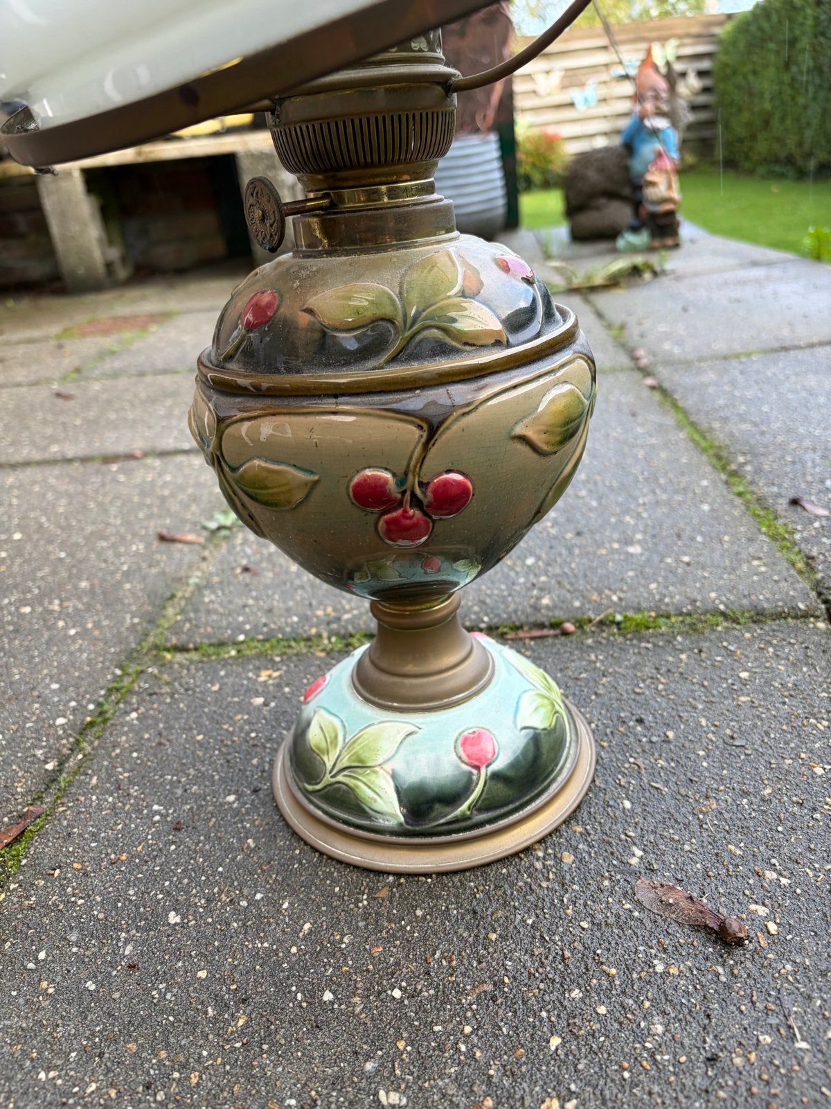 Antieke Majolica Olielamp Kersen Art Nouveau Wunder Glas, Ophalen
