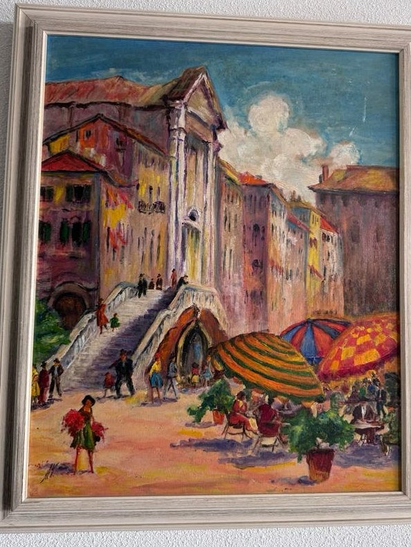 Schilderij mediteraan Stadsgezicht - Olieverf, Antiek en Kunst, Paneel, Impressionistisch, Ophalen of Verzenden, Olieverf
