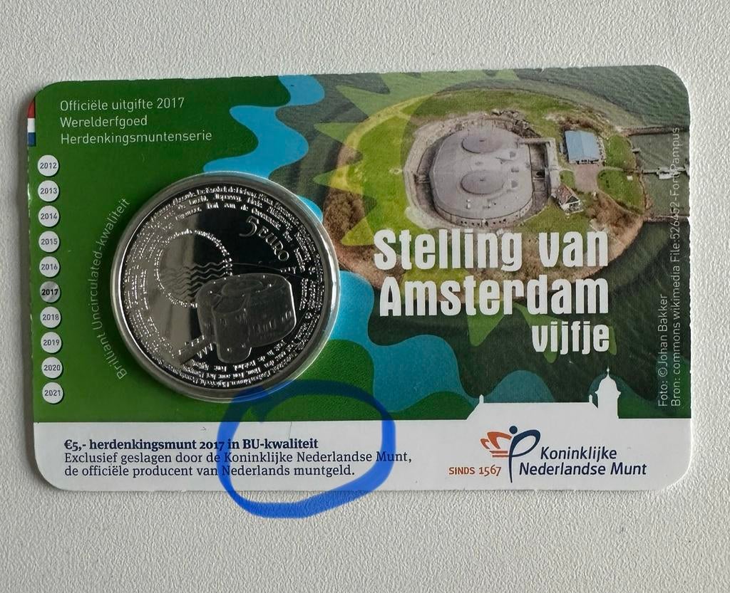 Stelling van Amsterdam vijfje 2017 - BU coincard, Ophalen of Verzenden, Euro's, Losse munt, Zilver