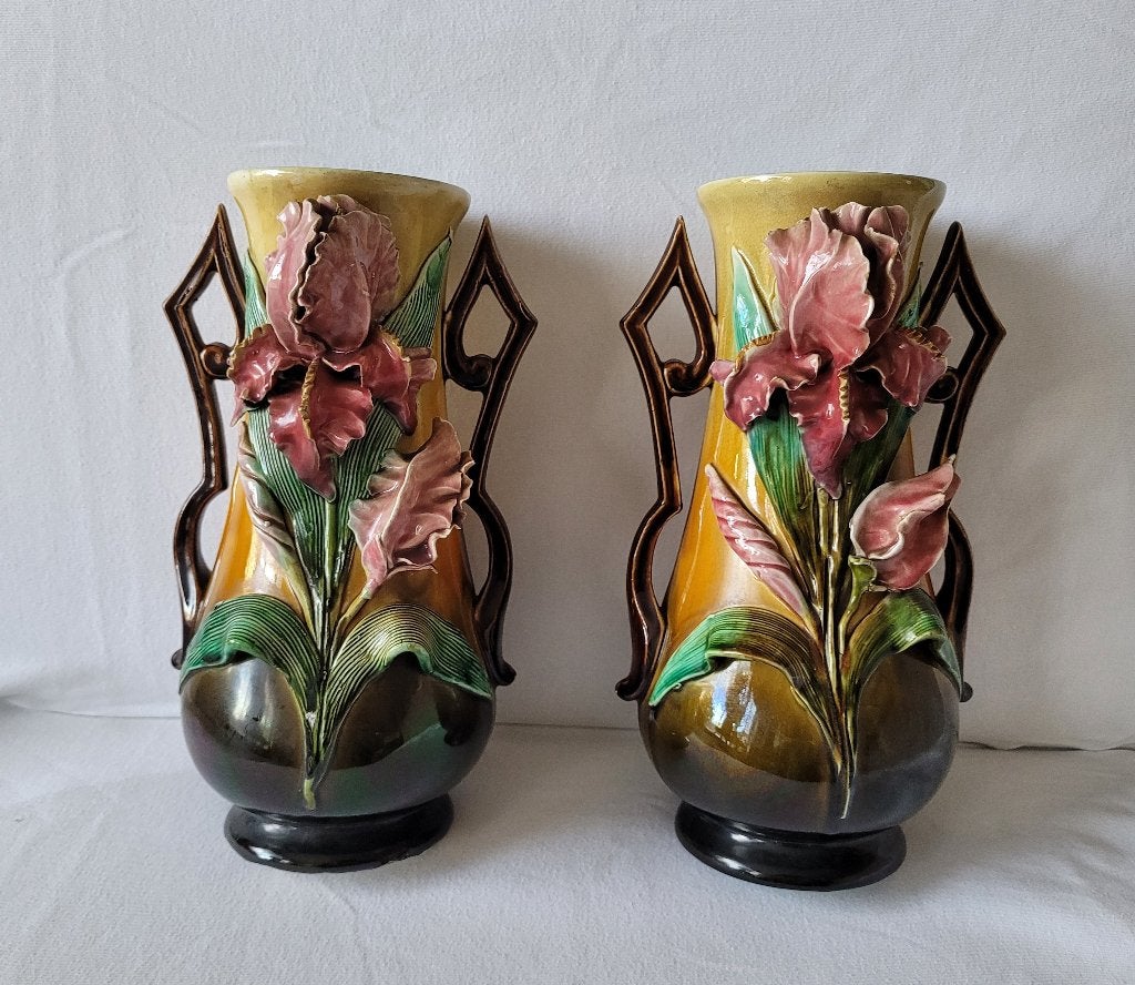 Stel Art Nouveau barbotine vazen 31 cm.majolica, Antiek en Kunst, Ophalen of Verzenden