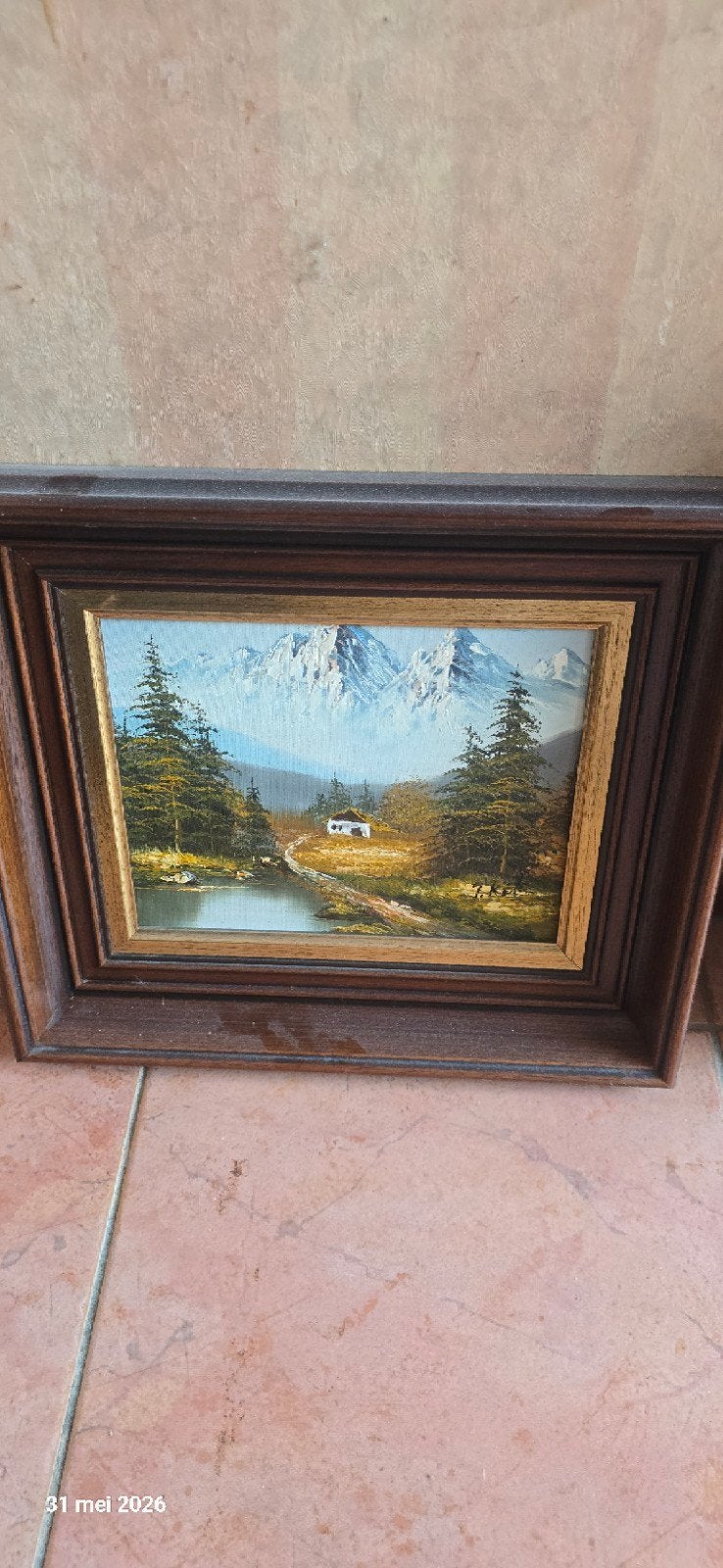 Schilderij berglandschap met huisje en meer, Antiek en Kunst, Ophalen of Verzenden