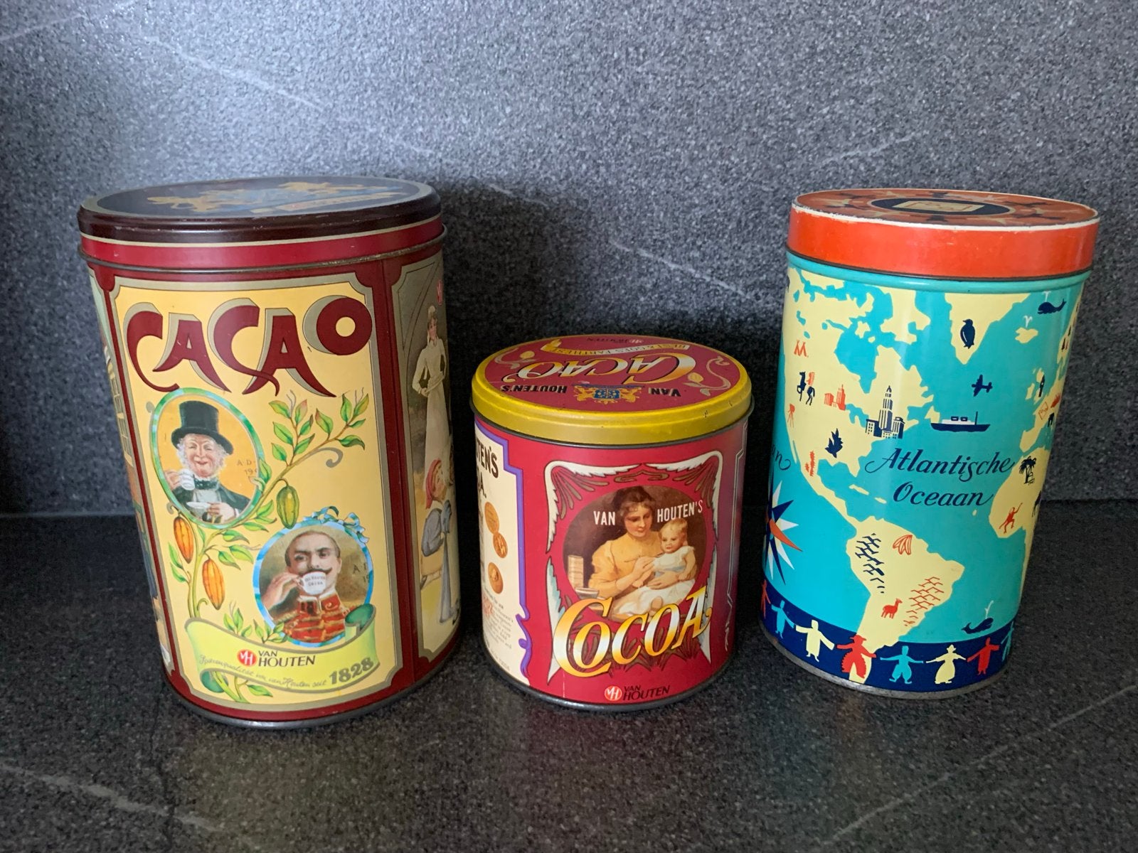 Set van 3 Vintage Blikken: 2x Van Houten Cacao, 1x Coop Were, Verzamelen, Ophalen of Verzenden, Gebruikt, Overige, Overige merken