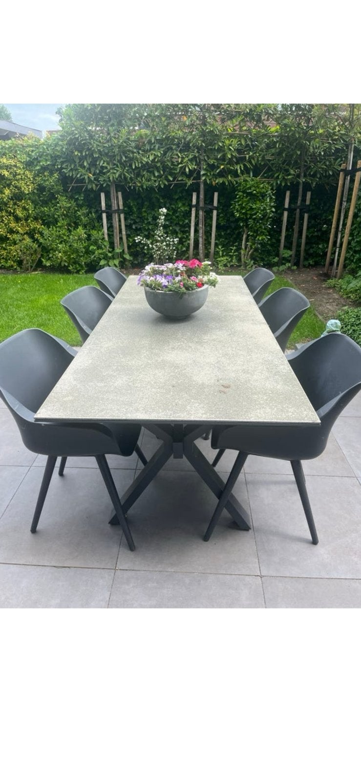 Moderne tuintafel met zes hartman stoelen, Ophalen, Gebruikt, Eettafel, 6 zitplaatsen
