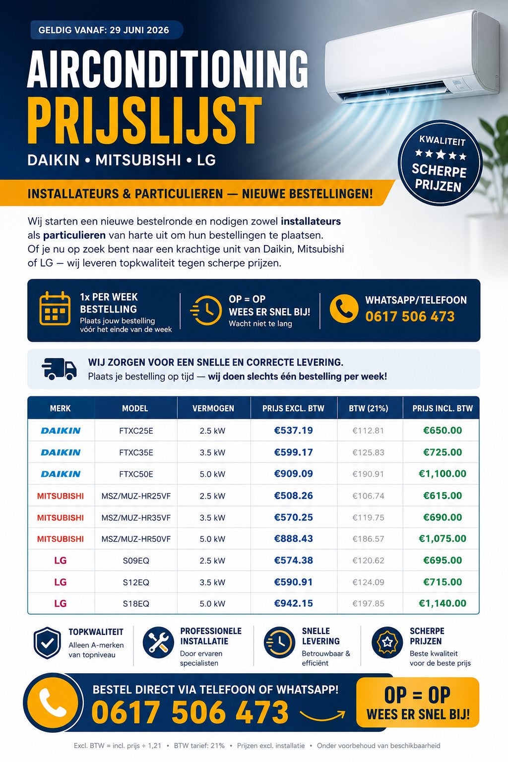 UITVERKOOP ALLE MERKEN AIRCOS, Ophalen, Minder dan 60 m³, 3 snelheden of meer, Zo goed als nieuw