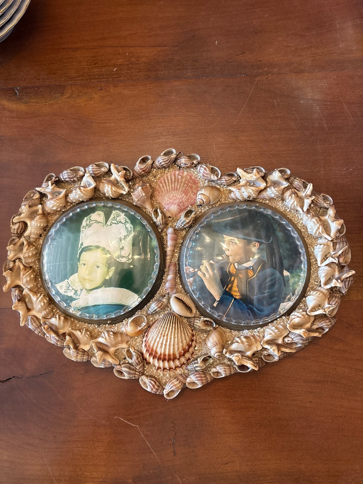 Vintage fotolijst met schelpen en koepelglas, Antiek en Kunst, Ophalen