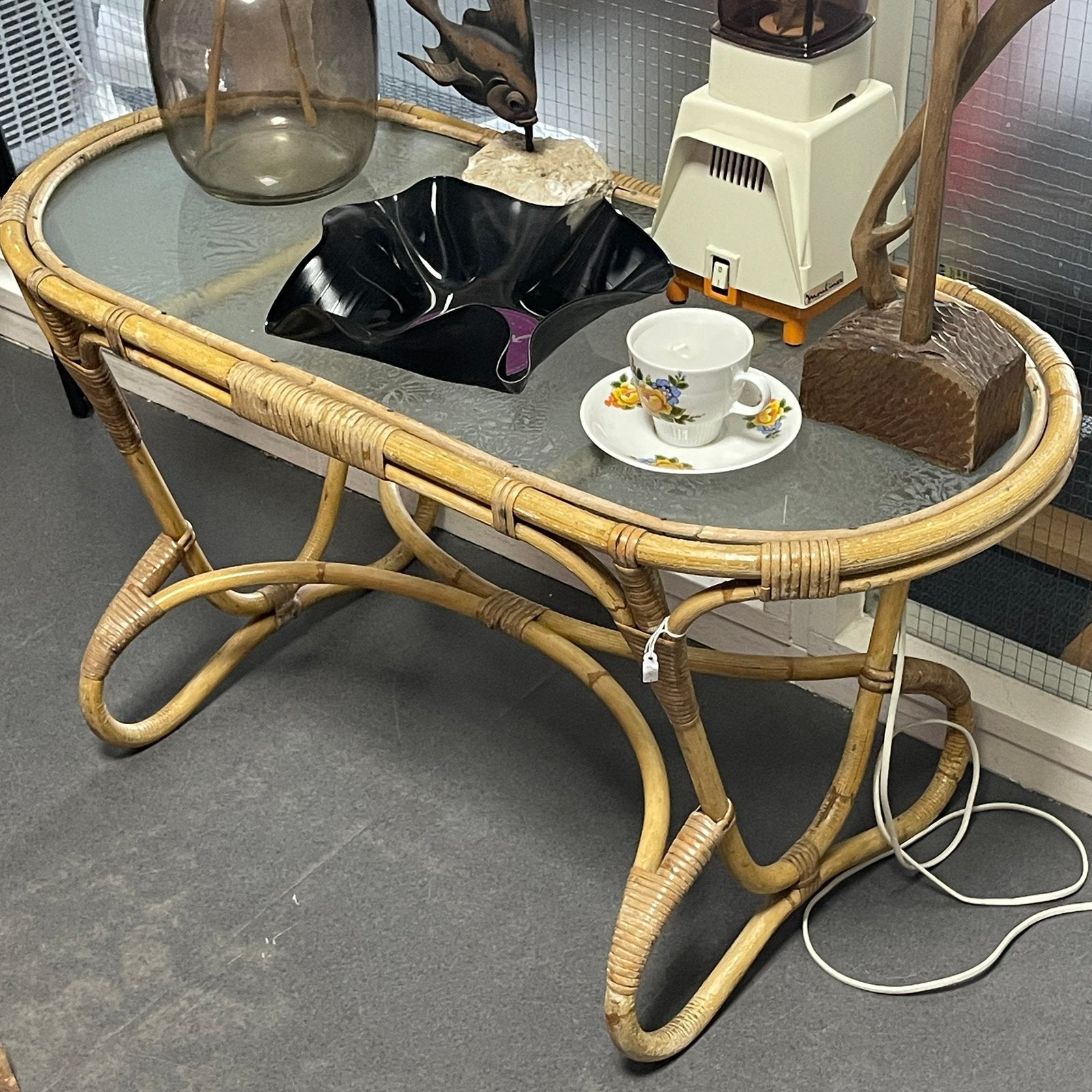 Vintage rotan Rohé saontafel - 60s / 70s, Ophalen, Rond, 50 tot 100 cm, Minder dan 50 cm