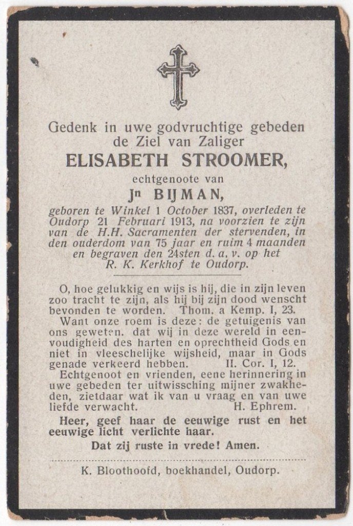 Elisabeth Stroomer 1837 Winkel + 1913 Oudorp, 75 jaar, Verzenden