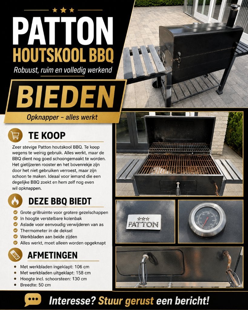Patton houtskool BBQ groot model – verstelbare kolenbak €125, Ophalen, Gebruikt, Patton